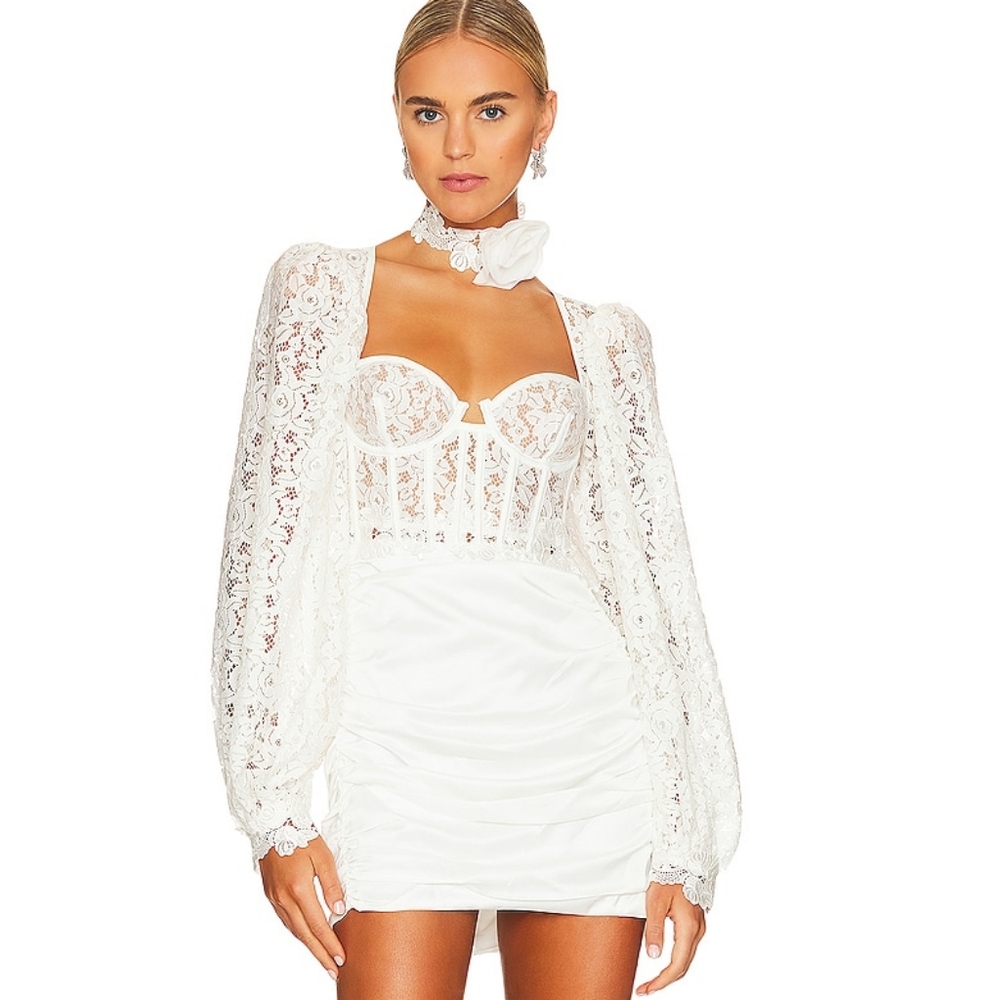 For Love & Lemons Lacey Mini Dress | Size XS | NWT | Sheer Lace Sleeves | Ruched